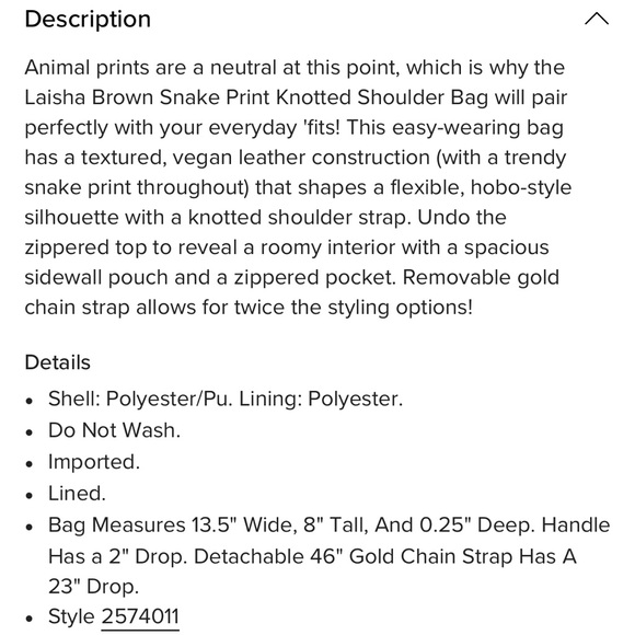 Urban expressions vegan Laisha Brown snake
Print knitted shoulder bag NWT - Picture 6 of 15